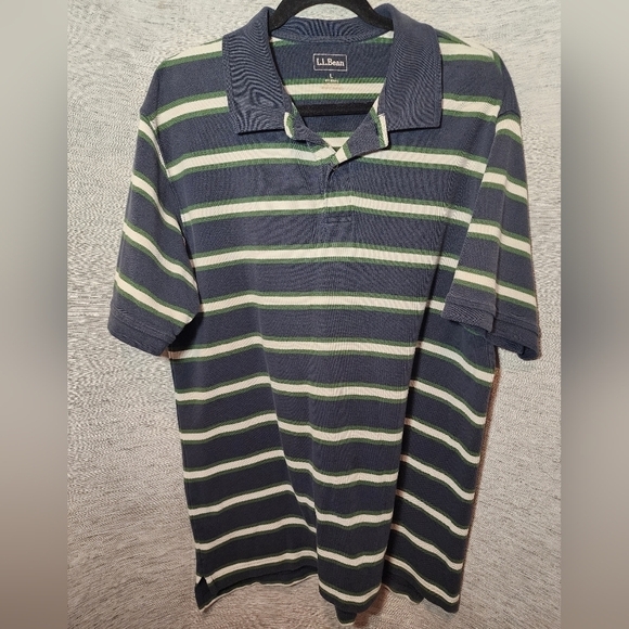L.L. Bean Stripped Short Sleeve Polo Shirt Navy/green/Cream Large - Picture 1 of 6